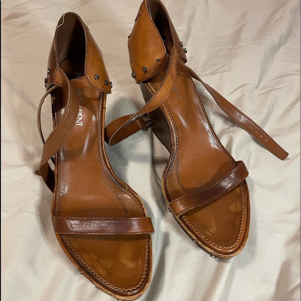 Genuine Yves St. Laurent / YSL Caramel Leather Wedges